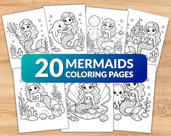 20 Mermaid Coloring Pages for Kids, Mermaid Coloring Book, Cute Mermaid Printable, Preschool Coloring Pages, Toddler PDF Activity