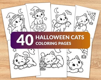 40 Halloween Cat Coloring Pages for Kids, Cute Halloween Cats Coloring Book, Easy Spooky Coloring Pages, Preschool Printable PDF