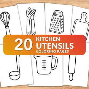 Puede incluir: Una colección de 20 páginas para colorear de utensilios de cocina con ilustraciones de líneas en blanco y negro de un batidor, abrelatas, rallador, tabla de cortar, cucharón, taza medidora y rodillo con el texto 20 KITCHEN UTENSILS COLORING PAGES.
