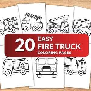 May include: A collection of 20 easy fire truck coloring pages featuring various black and white line art illustrations of fire engines with ladders, hoses, and tanks. A red rectangular banner with white text reads 20 EASY FIRE TRUCK COLORING PAGES.
