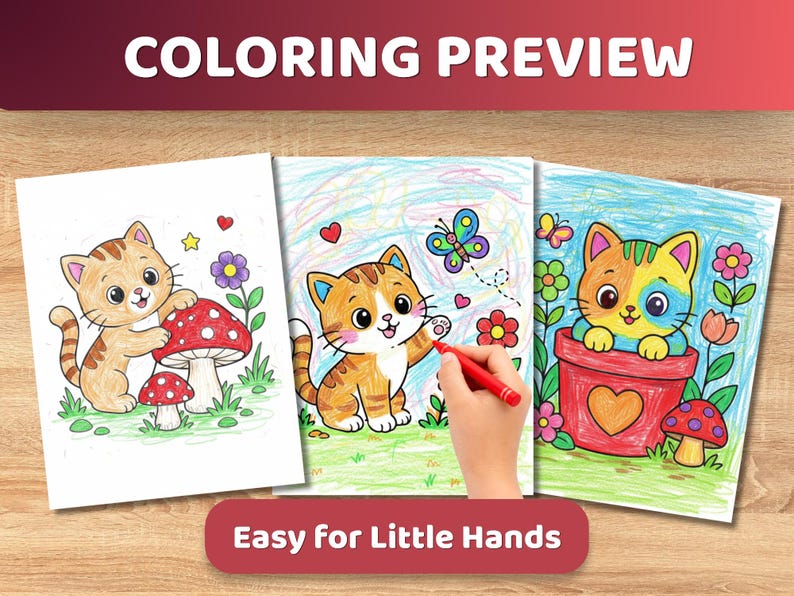 May include: Three coloring pages featuring cartoon kittens, flowers, and mushrooms. One page shows a kitten with a mushroom, another has a kitten with a butterfly, and the third has a kitten in a flower pot. Text at the top says "COLORING PREVIEW". Text at the bottom says "Easy for Little Hands".