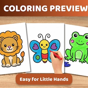 K&ouml;nnte beinhalten: Drei Malvorlagen mit den Aufschriften COLORING PREVIEW und Easy for Little Hands. Die Seiten zeigen einen braunen L&ouml;wen, einen blauen und gelben Schmetterling mit lila Herzen und einen gr&uuml;nen Frosch. Ein roter Stift bemalt den Schmetterlingsfl&uuml;gel.
