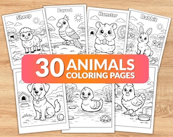30 Animal Coloring Pages for Kids, Toddler Coloring Book, Easy Printable Coloring Pages, Preschool Activity, Animals PDF PNG
