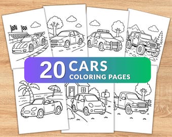 20 Cars Coloring Pages for Kids | Vehicle Coloring Book | Race Car Police Car Truck SUV Jeep Taxi | Printable PDF | Instant Download