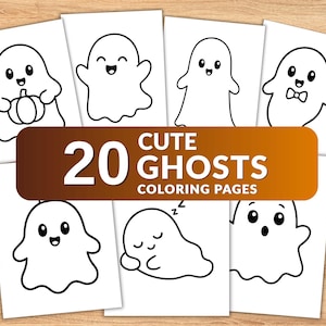 Può includere: Una raccolta di pagine da colorare con disegni al tratto in bianco e nero di vari fantasmi, tra cui uno con una zucca e uno con un papillon. Un riquadro marrone mostra il testo bianco 20 CUTE GHOSTS COLORING PAGES.