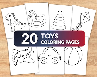 May include: A collection of 20 toys coloring pages featuring black and white line art illustrations of a dinosaur, rocking horse, stacking rings, kite, airplane, car, and ball. The text 20 TOYS COLORING PAGES is displayed in the center.