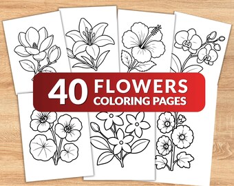 40 Flower Coloring Pages for Kids, Easy Flower Coloring Book, Printable PDF, Floral Coloring Pages, Spring Flowers, Digital Download