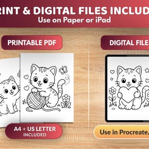 May include: Printable PDF and digital files of cat coloring pages. The image includes line art of a cute cat with a ball of yarn, a butterfly, and a heart. The text includes "PRINT & DIGITAL FILES INCLUDED" and "Use on Paper or iPad."