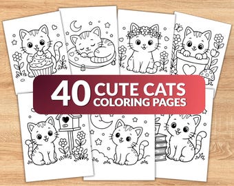 Cute Cat Coloring Pages for Kids, 40 Printable Cat Coloring Sheets, Easy Kawaii Cats Coloring Book, Toddler & Preschool Activity PDF