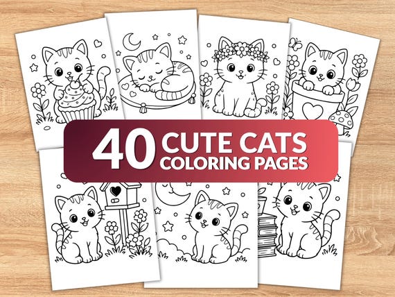 Cute Cat Coloring Pages for Kids, 40 Printable Cat Coloring Sheets, Easy Kawaii Cats Coloring Book, Toddler & Preschool Activity PDF