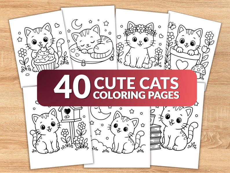 Cute Cat Coloring Pages for Kids, 40 Printable Cat Coloring Sheets, Easy Kawaii Cats Coloring Book, Toddler & Preschool Activity PDF image 1