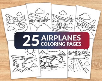 25 Airplane Coloring Pages for Kids, Airplane Coloring Book, Aircraft Coloring Pages, Printable PDF, Toddler Activity, Easy Planes