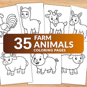 May include: A collection of white coloring pages featuring black line art illustrations of farm animals including a rooster, llama, goat, donkey, ram, pig, and sheep, with a brown banner overlay displaying the text 35 FARM ANIMALS COLORING PAGES.