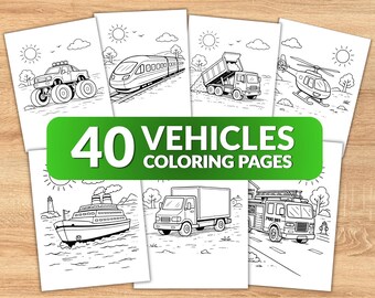 40 Vehicles Coloring Pages for Kids, Easy Vehicle Coloring Book, Cars Trucks Trains, Printable PDF, Transportation Coloring Pages