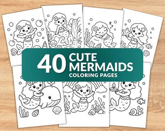 40 Cute Mermaid Coloring Pages for Kids, Easy Mermaid Printable Coloring Book, Kawaii Ocean Animals, Toddler Preschool Activity, PDF