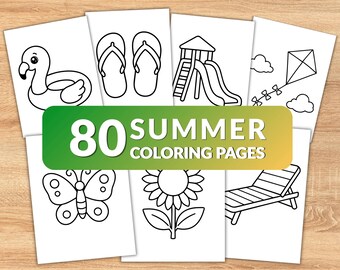 80 Summer Coloring Pages for Kids, Printable Summer Coloring Book, Easy Toddler Activity Pages, Preschool PDF, Beach Theme
