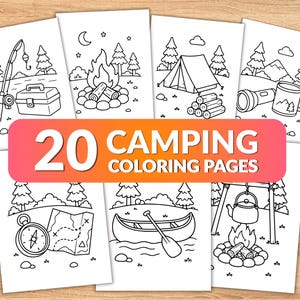 Könnte beinhalten: Eine Sammlung von 20 Camping-Malvorlagen mit schwarz-weißen Strichzeichnungen von Outdoor-Szenen, darunter eine Angelrute, ein Lagerfeuer, ein Zelt, eine Taschenlampe, ein Becher, ein Kompass, eine Karte, ein Kanu und ein Kessel über einem Feuer mit dem Text 20 CAMPING COLORING PAGES.