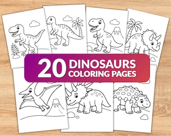 20 Dinosaur Coloring Pages for Kids, Easy Toddler Dinosaur Coloring Book, Printable PDF, Preschool Activity, Instant Download