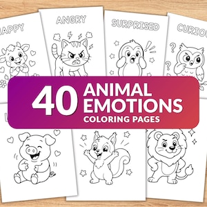40 kleurplaten dieren emoties voor kinderen, gevoelens activiteit afdrukbaar, schattige dieren emoties werkbladen, sociaal-emotionele leren pdf