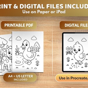 May include: Printable PDF and digital files for coloring. The image shows a cow, duck, and chick coloring pages, along with an iPad displaying a chick drawing. Text includes "PRINT & DIGITAL FILES INCLUDED", "Use on Paper or iPad", "PRINTABLE PDF", "DIGITAL FILES", "A4 + US LETTER INCLUDED", and "Use in Procreate/iPad".