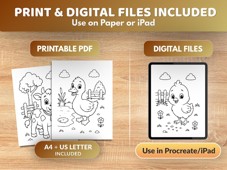 May include: Printable PDF and digital files for coloring. The image shows a cow, duck, and chick coloring pages, along with an iPad displaying a chick drawing. Text includes "PRINT & DIGITAL FILES INCLUDED", "Use on Paper or iPad", "PRINTABLE PDF", "DIGITAL FILES", "A4 + US LETTER INCLUDED", and "Use in Procreate/iPad".