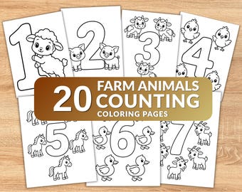 May include: A collection of black and white coloring pages featuring numbers one through seven alongside illustrations of farm animals including sheep, pigs, cows, chicks, horses, ducks, and goats, with the text 20 FARM ANIMALS COUNTING COLORING PAGES.