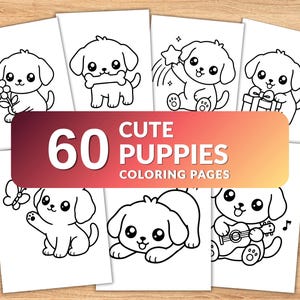 60 söta valpar målarbilder för barn, kawaii valp målarbok, enkla målarbilder för småbarn, utskrivbar PDF PNG, förskoleaktivitet