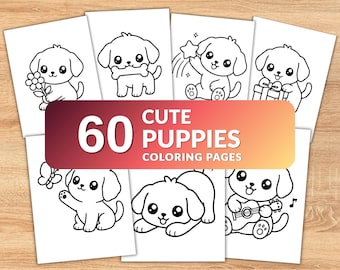60 Cute Puppies Coloring Pages for Kids, Kawaii Puppy Coloring Book, Easy Toddler Coloring Sheets, Printable PDF PNG, Preschool Activity