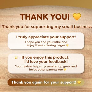 May include: A wooden background with text that reads "THANK YOU!" and "Thank you for supporting my small business!" Additional text includes appreciation for support and a request for feedback.