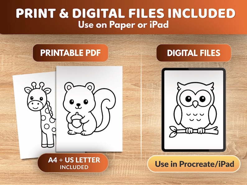 K&ouml;nnte beinhalten: Ausmalbilder als Druck- und Digitaldateien mit einer Giraffe, einem Eichh&ouml;rnchen mit Eichel und einer Eule auf einem Ast. Der Text umfasst PRINT & DIGITAL FILES INCLUDED, Use on Paper or iPad, PRINTABLE PDF, DIGITAL FILES, A4 + US LETTER INCLUDED und Use in Procreate/iPad.