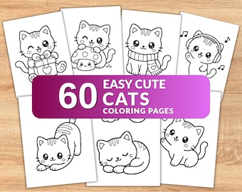 60 Easy Cute Cat Coloring Pages for Kids, Kawaii Cat Coloring Book, Toddler Coloring Pages, Preschool Printable PDF, Instant Download