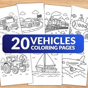 20 Vehicles Coloring Pages for Kids | Cars Trucks Airplane Train Coloring Book | Toddler Printable Activity | Easy Coloring Pages PDF
