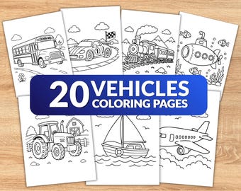 20 Disegni da colorare di veicoli per bambini / Auto, camion, aerei, treni - Libro da colorare / Attività stampabile per bambini piccoli / Disegni da colorare facili in PDF