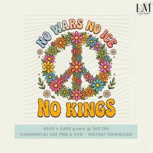 Może przedstawiać: Kolorowa grafika z symbolem pokoju utworzonym z kwiatów w odcieniach różu, żółci, pomarańczy i niebieskiego. Napisy "NO WARS NO ICE" i "NO KINGS" są wygięte wokół znaku pokoju w stylu retro. Tło jest jasnobeżowe z subtelnymi liniami.