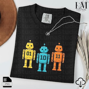 Binary Robot Numbers PNG, Cute Retro Robot 01 10 11 Design, Coding Geek Clipart, Programmer Tech Graphic, Digital Download Sublimation File