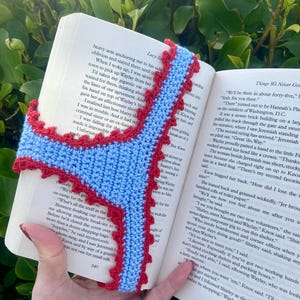 May include: A light blue crocheted bookmark with a scalloped red border, shaped like a pair of underwear, placed inside an open book with visible printed text on the pages. The bookmark features a central light blue panel with red trim.