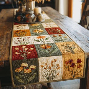 Caminho de mesa floral em patchwork, decoração rústica de fazenda, detalhe botânico para sala de jantar, decoração de cozinha outonal