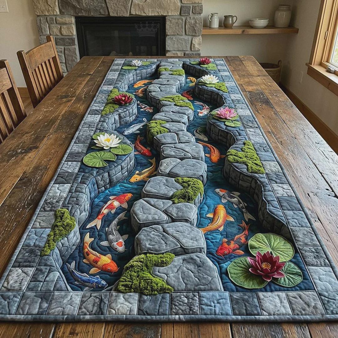 Koi Pond Table Runner, Zen Garden Water Decor, Japanese Fish Design, 3D ...