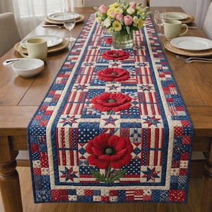 Patriotic Patchwork Table Runner, 4th of July Decor, USA Dining Accent