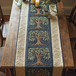 May include: A quilted table runner featuring a repeating tree design. The trees are brown with green leaves, set against a dark blue background. The runner has cream-colored borders with a decorative pattern. The runner is on a wooden table.