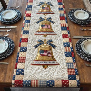 USA 250 Table Runner, Liberty Bell Patriotic Decor, 1776 2026 Anniversary, Farmhouse 4th of July Dining Accent
