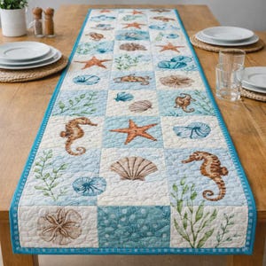 Coastal Sea Life Table Runner, Beach Decor Linen, Nautical Summer Home Style, Ocean Theme