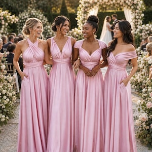 Könnte beinhalten: Vier bodenlange Satin-Kleider in einem zarten Rosaton. Jedes Kleid hat einen anderen Oberteil-Stil, darunter Neckholder, V-Ausschnitt, kurze Ärmel und schulterfreie Designs. Die Röcke sind bodenlang mit einer fließenden Silhouette und Seitentaschen.