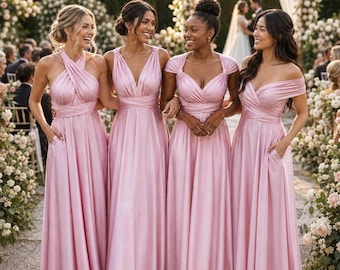 Op de afbeelding: Vier vloerlange satijnen jurken in een zachte roze tint. Elke jurk heeft een uniek lijfje, waaronder halter-, V-hals-, kapmouwtjes- en off-shoulder stijlen. De rokken zijn vloerlang met een vloeiend silhouet en voorzien van zijzakken.