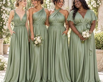 Vestido largo convertible de satén y jersey color verde salvia empolvado, vestido maxi de dama de honor con bolsillos.