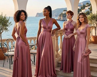 Vestido de Dama de Honra Multiuso com Bolsos, Vestido Conversível Rosa Antigo, Vestido Envelope Infinito, Vestido de Luxo em Cetim Jersey, Disponível em Tamanhos Grandes
