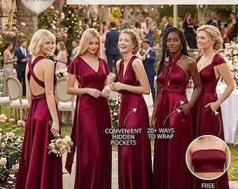 Burgundy Convertible Bridesmaid Dress with Pockets, Luxe Satin Jersey Infinity Dress, Wine Red Multiway Formal Gown, Custom Maxi Dress
