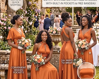 Burnt Orange Convertible Bridesmaid Dress, Satin Jersey Infinity Gown, Pockets (Rust Terracotta)