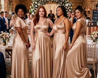 Champagne Convertible Bridesmaid Dress with Pockets, Luxe Satin Jersey Infinity Dress, Neutral Gold Multiway Formal Gown