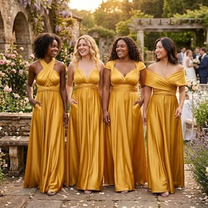 May include: Four floor-length mustard yellow satin dresses with varying necklines, including halter, V-neck, and off-the-shoulder styles. Each dress features a fitted bodice, a flowing A-line skirt, and integrated side pockets in the fabric.